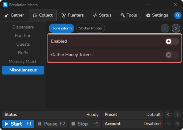 Honeystorm settings showing Enabled and Gather Honey Tokens