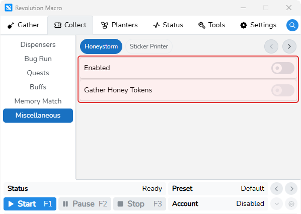 Honeystorm settings showing Enabled and Gather Honey Tokens