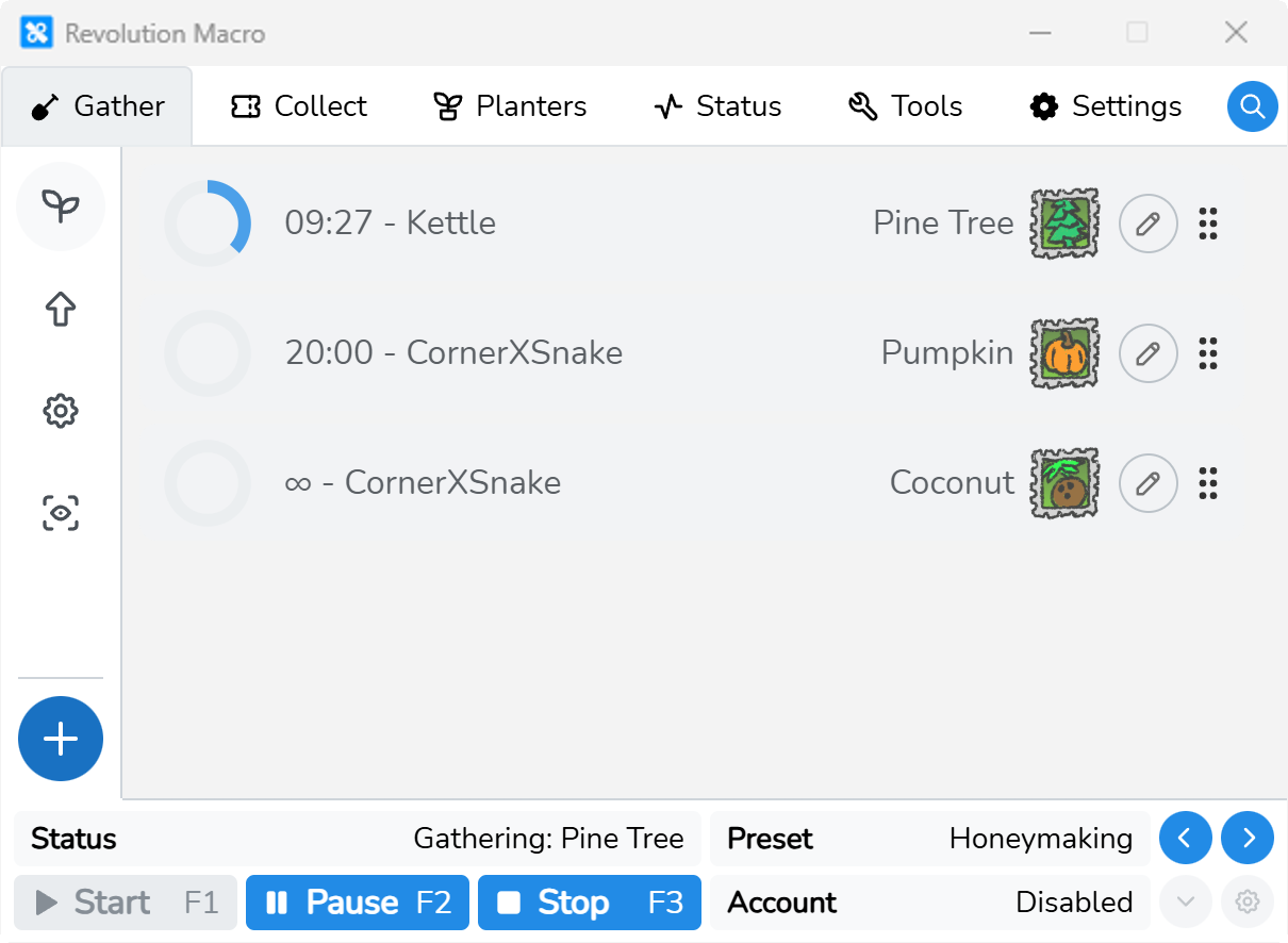 Revolution Macro Gather tab with Pine Tree gathering on the Honeymaking preset