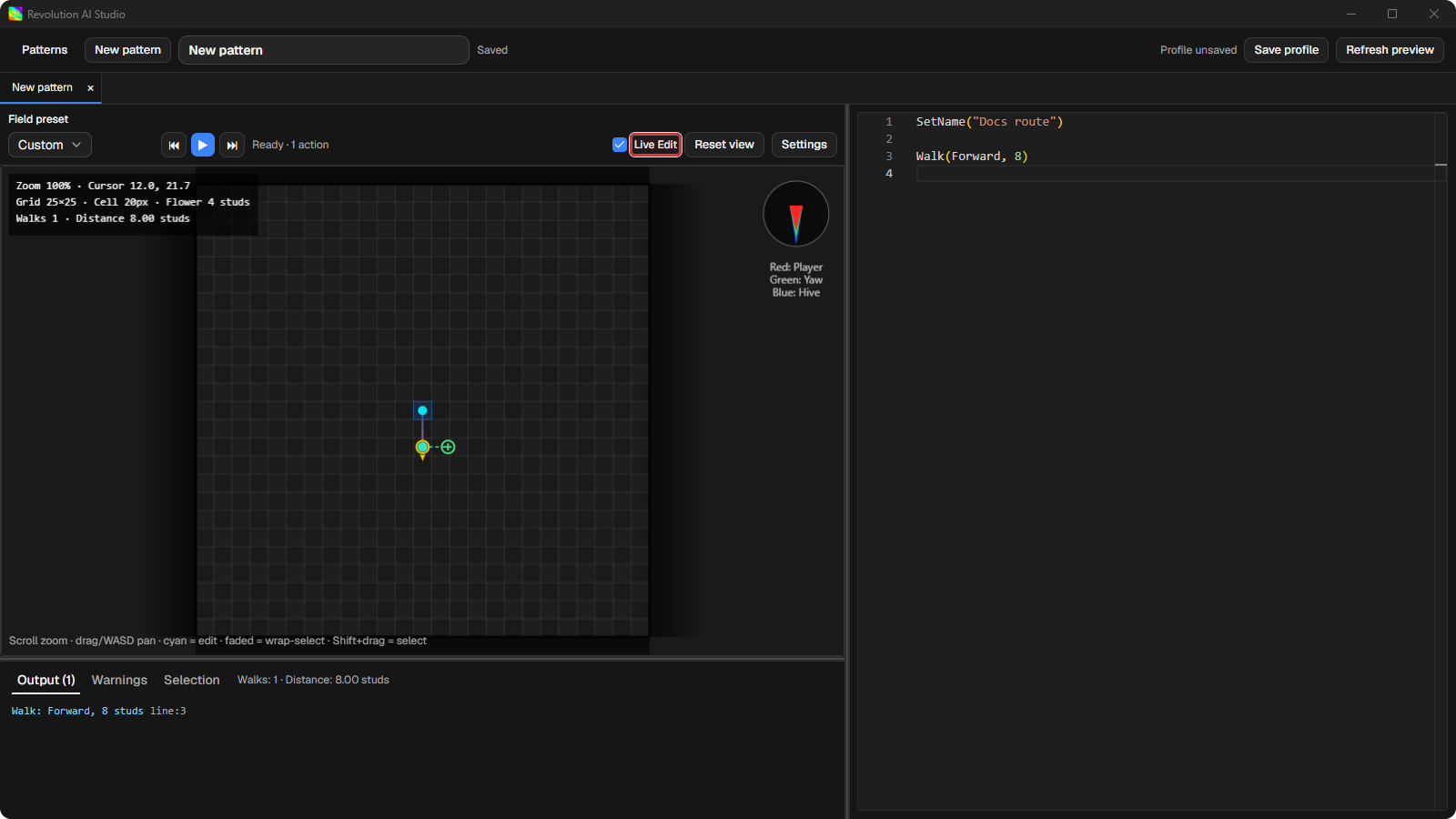 Pattern Maker showing Live Edit and an editable Walk endpoint