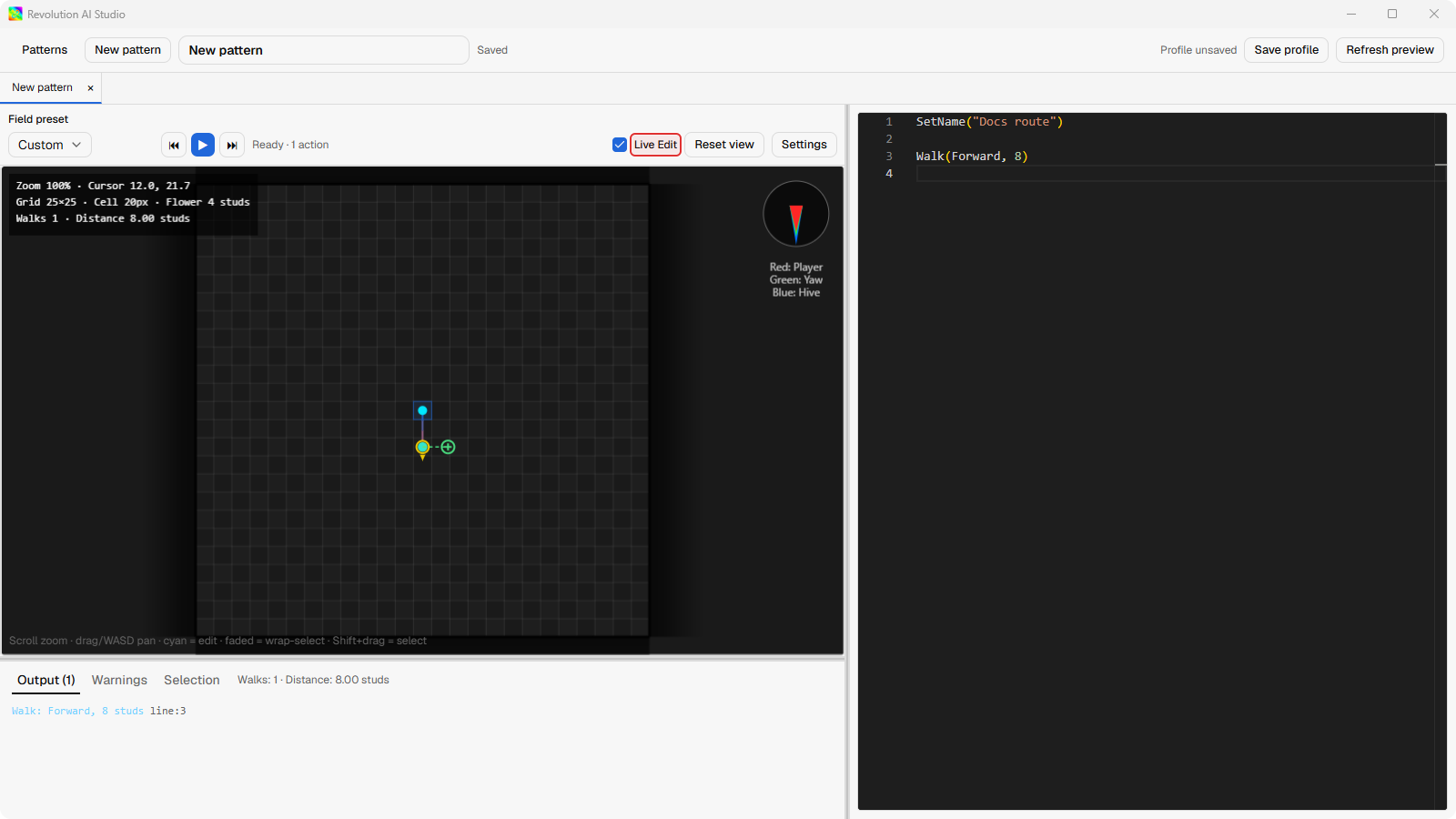 Pattern Maker showing Live Edit and an editable Walk endpoint