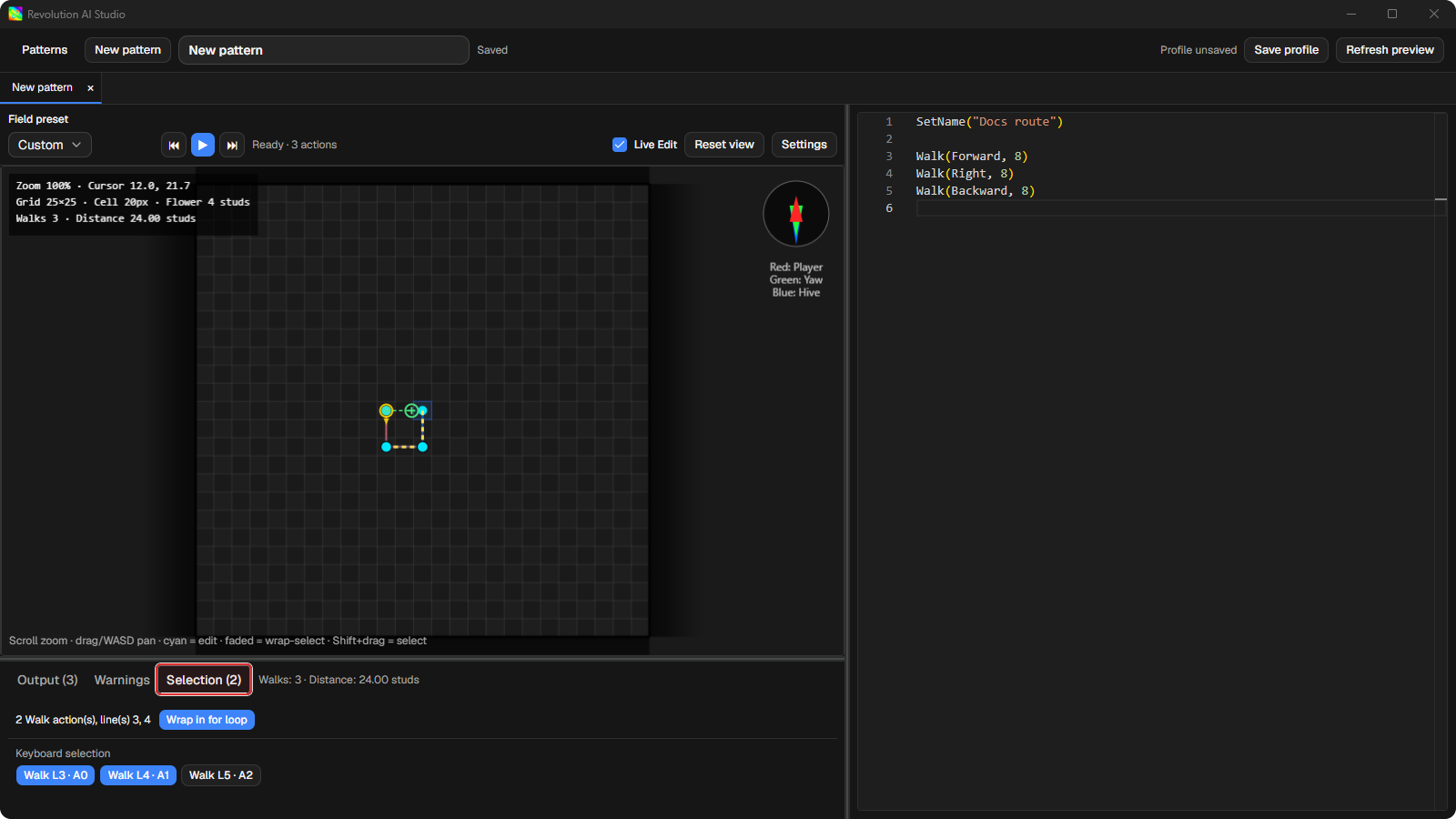 Pattern Maker Selection panel with Walks selected for a loop