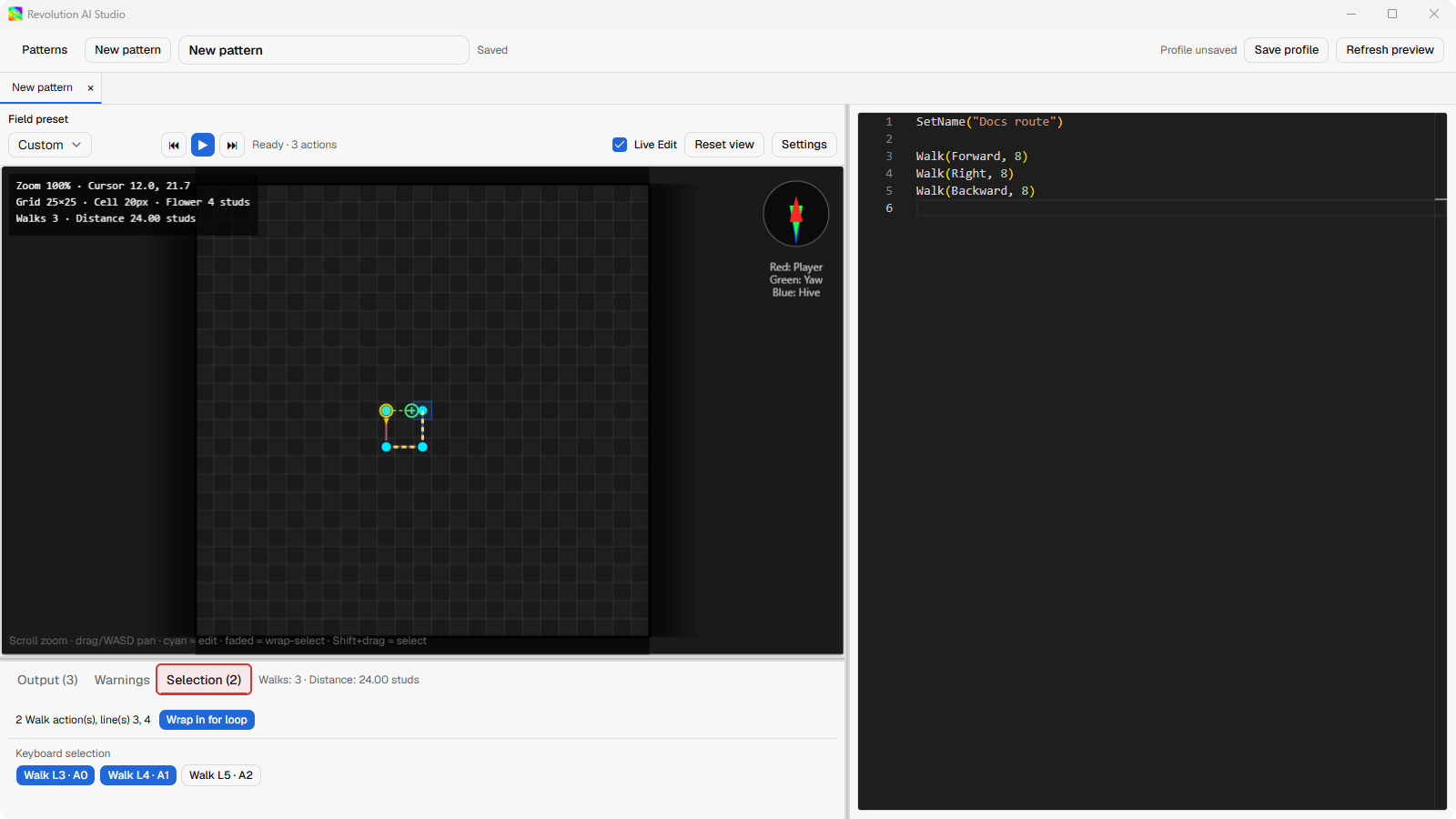 Pattern Maker Selection panel with Walks selected for a loop