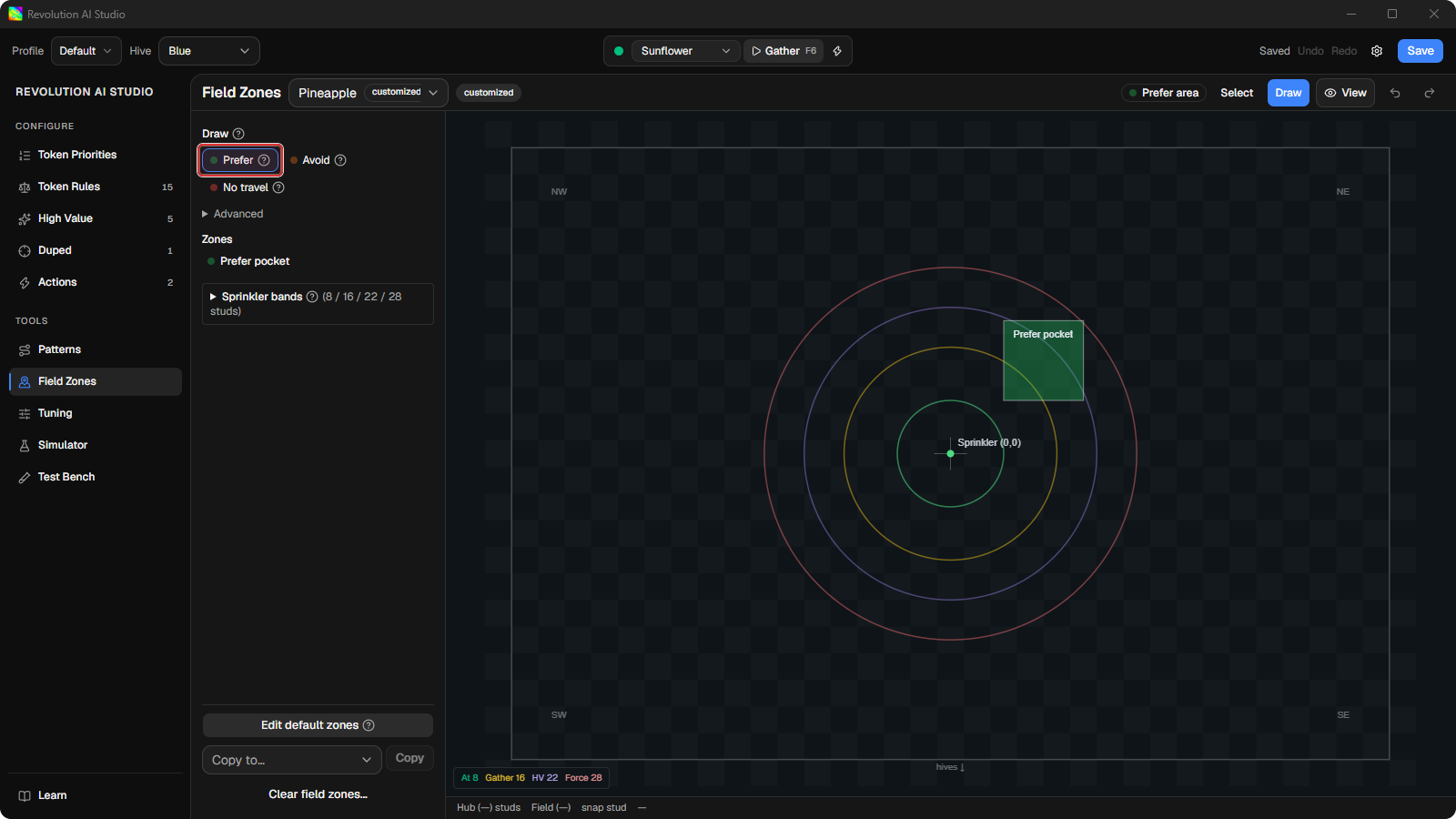 Field Zones Draw palette with Prefer selected