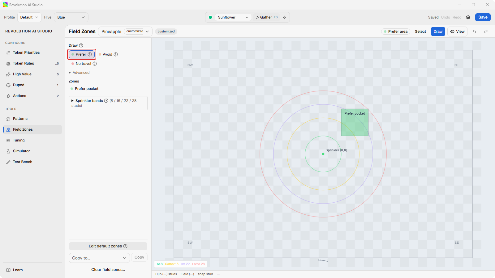 Field Zones Draw palette with Prefer selected