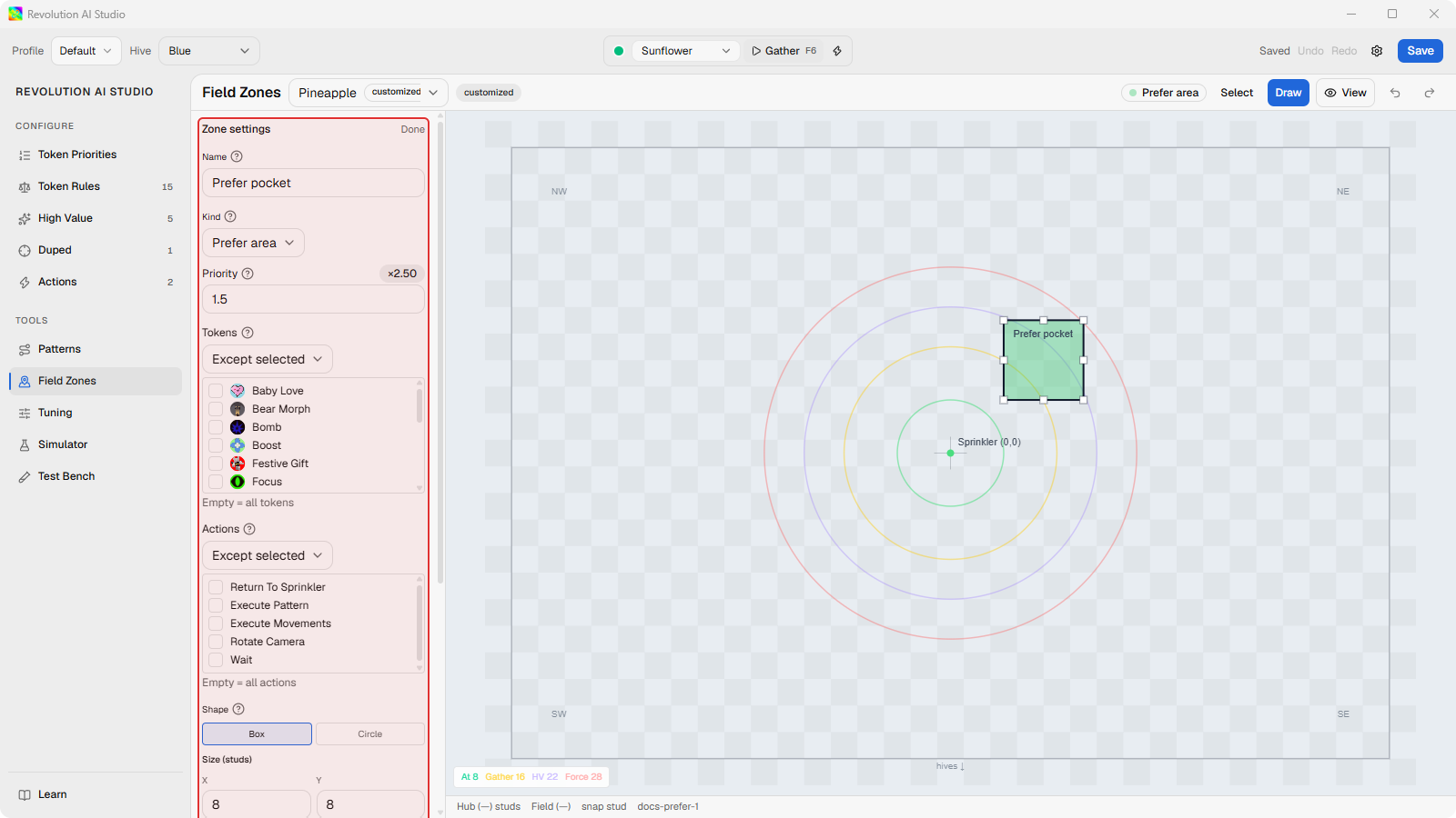 Field Zones Zone Inspector with Prefer pocket selected