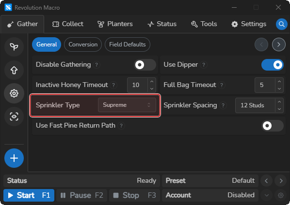 Gather Settings General tab with Sprinkler Type