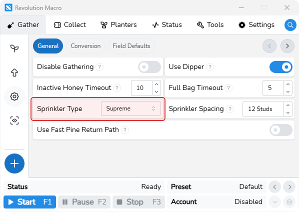 Gather Settings General tab with Sprinkler Type
