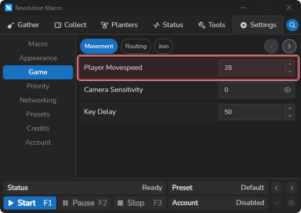 Game Movement settings showing Player Movespeed