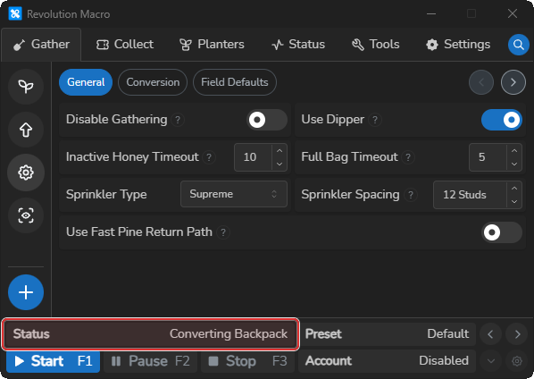 Revolution Status during first gather or Converting Backpack