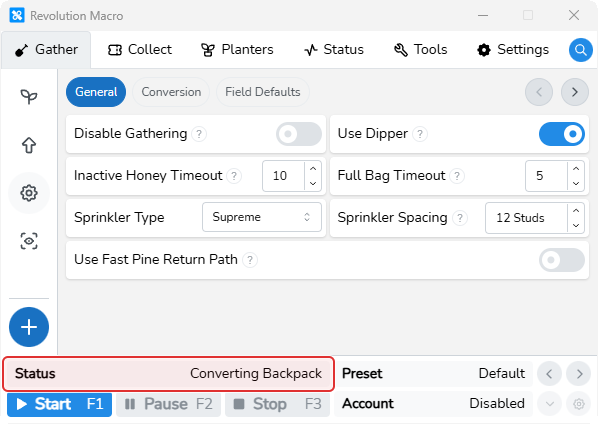 Revolution Status during first gather or Converting Backpack