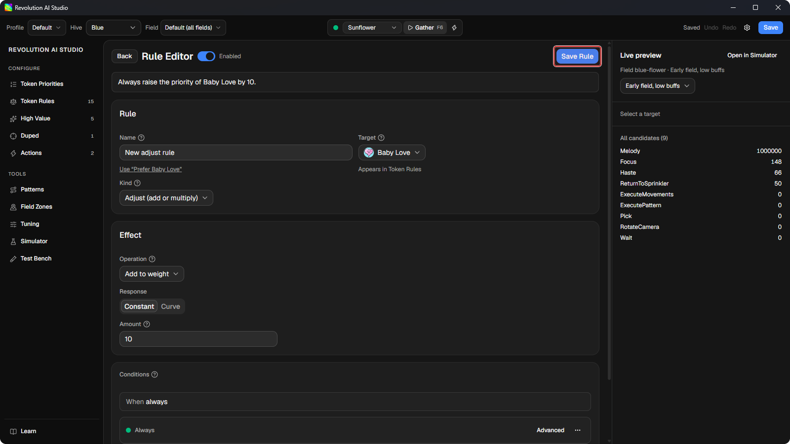 Rule Editor open on a new draft with Save Rule