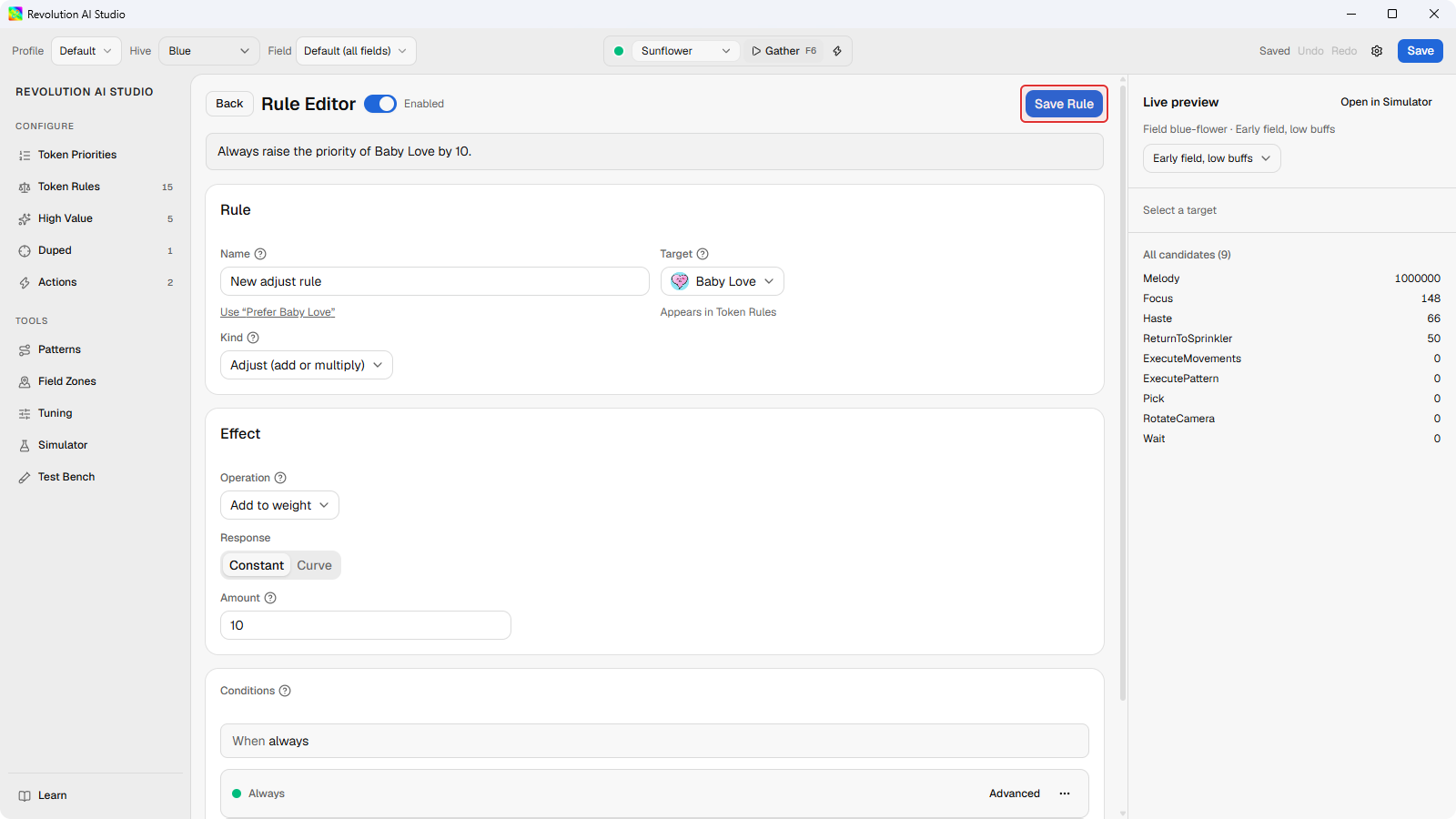 Rule Editor open on a new draft with Save Rule