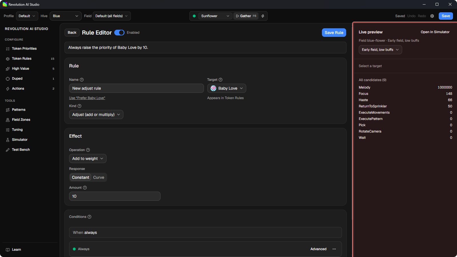 Rule Editor Live preview panel ranking candidates