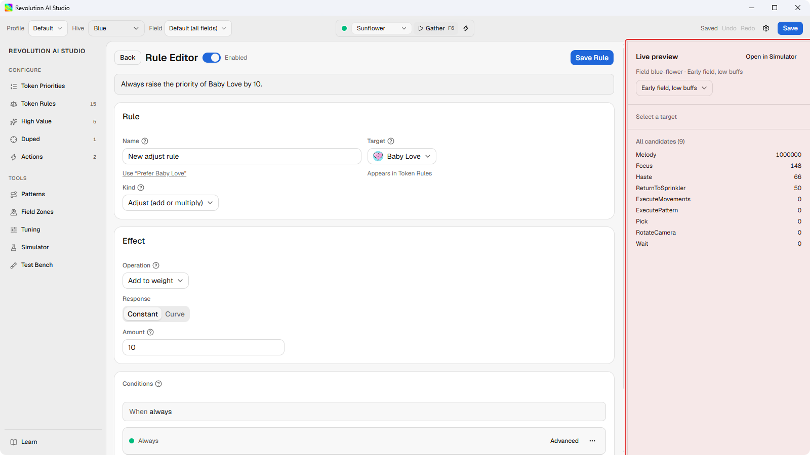 Rule Editor Live preview panel ranking candidates