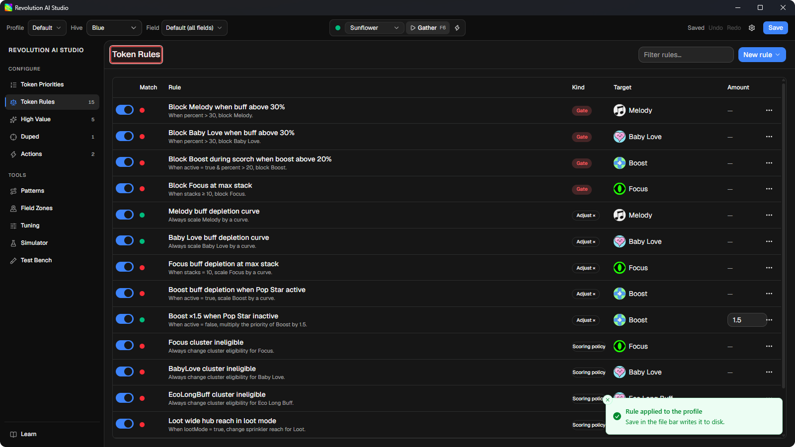 Token Rules page after Save Rule with Rule applied toast