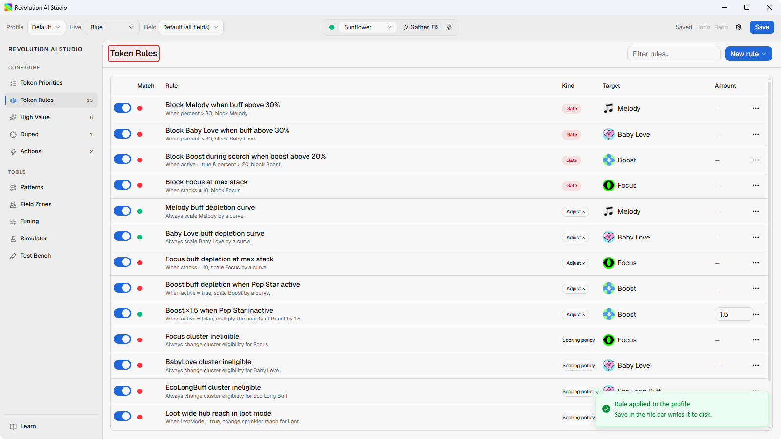 Token Rules page after Save Rule with Rule applied toast