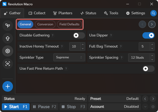 Gather Settings tabs General, Conversion, and Field Defaults