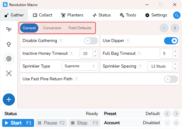 Gather Settings tabs General, Conversion, and Field Defaults