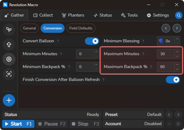 Conversion tab convert thresholds