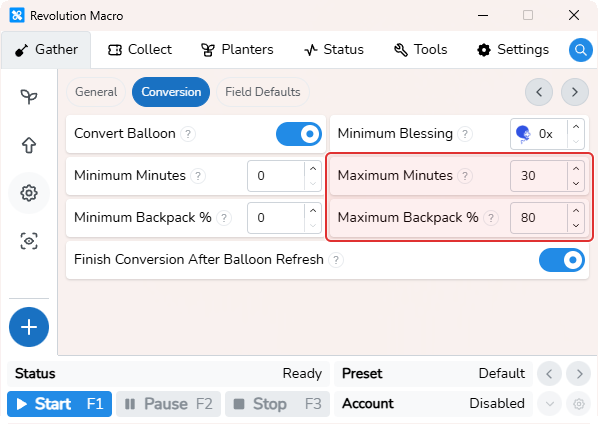 Conversion tab convert thresholds