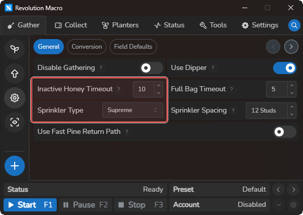 General tab gather timeouts and sprinkler