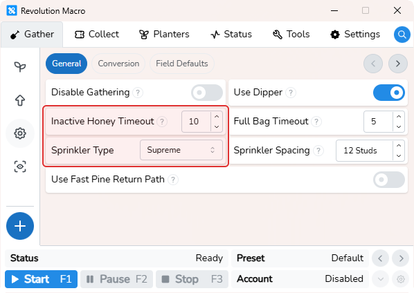 General tab gather timeouts and sprinkler