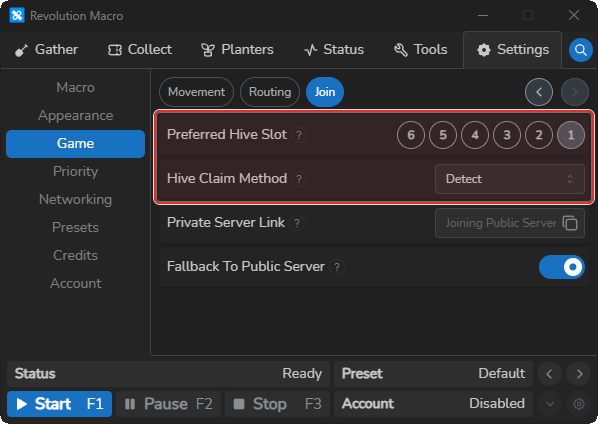 Game Join settings with Preferred Hive Slot and Hive Claim Method
