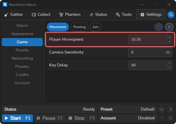Game Movement settings with Player Movespeed and Key Delay