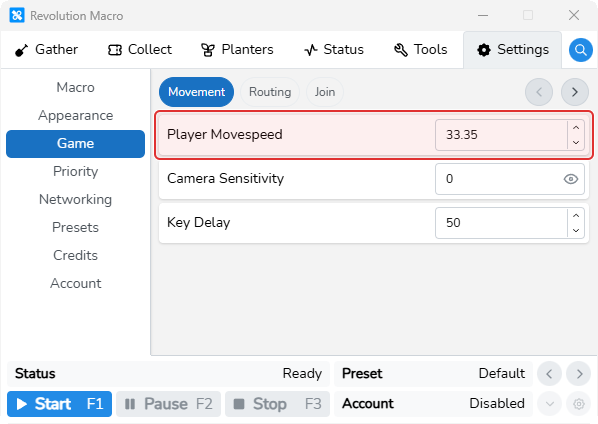 Game Movement settings with Player Movespeed and Key Delay