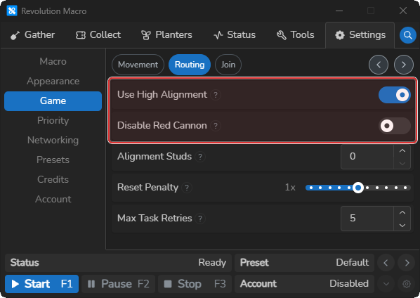 Game Routing settings with Use High Alignment and Disable Red Cannon