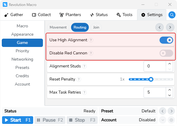 Game Routing settings with Use High Alignment and Disable Red Cannon