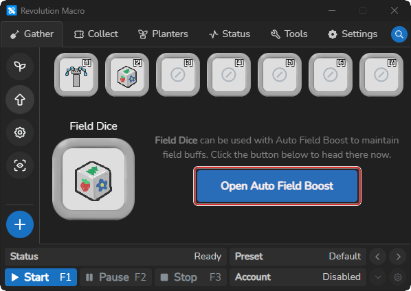 Field Dice selected with Open Auto Field Boost on Gather Boosts