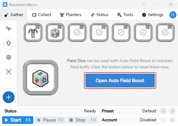 Field Dice selected with Open Auto Field Boost on Gather Boosts