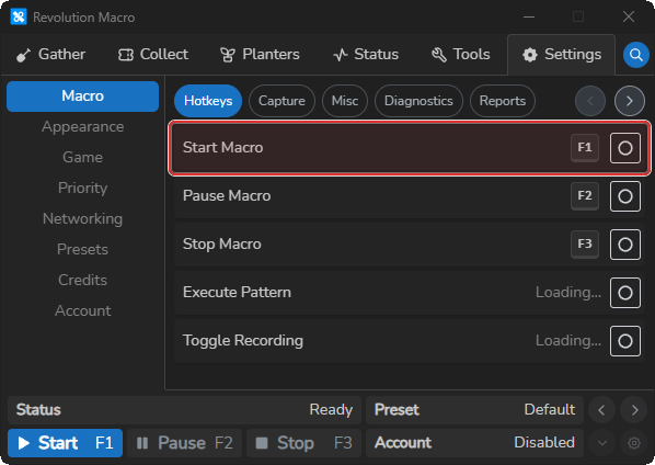 Hotkeys tab showing Start Macro, Pause Macro, and Stop Macro rows