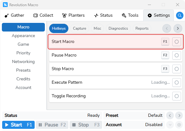 Hotkeys tab showing Start Macro, Pause Macro, and Stop Macro rows