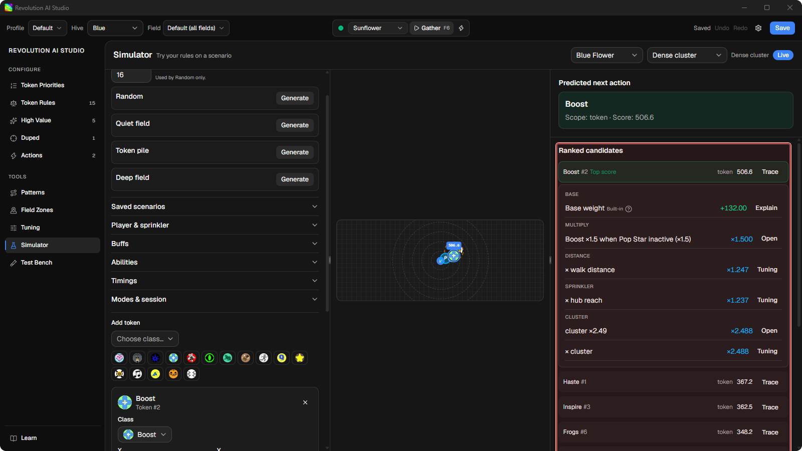 Simulator Dense cluster with Trace open on the Top score candidate