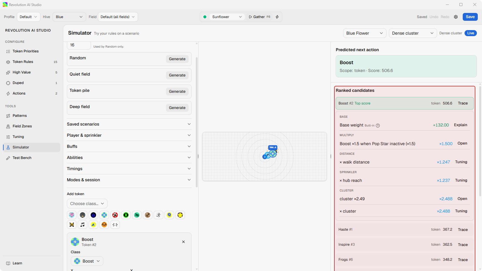 Simulator Dense cluster with Trace open on the Top score candidate