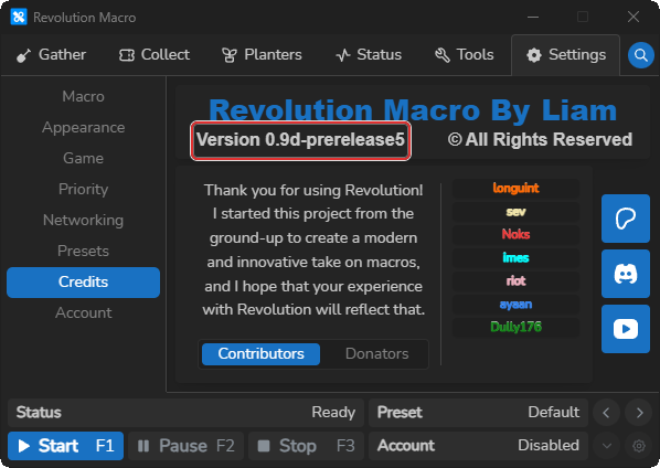 Settings Credits showing Version string