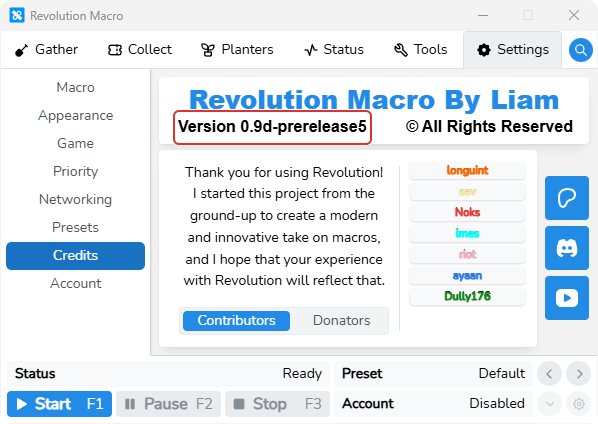 Settings Credits showing Version string