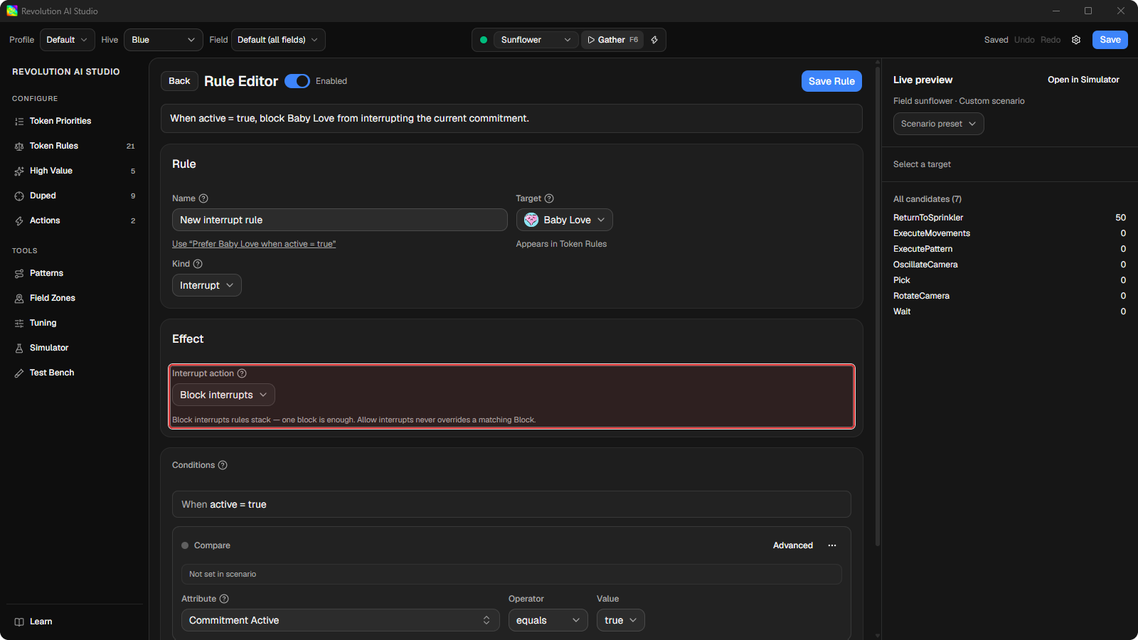 Rule Editor showing an Interrupt rule set to Block interrupts