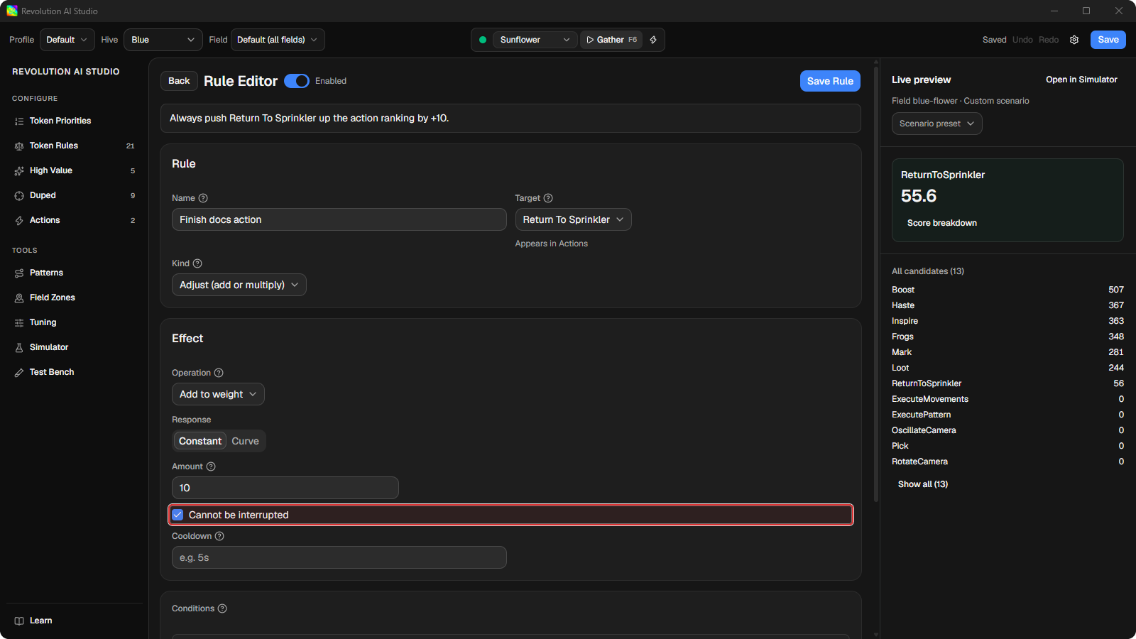 Action rule showing Cannot be interrupted