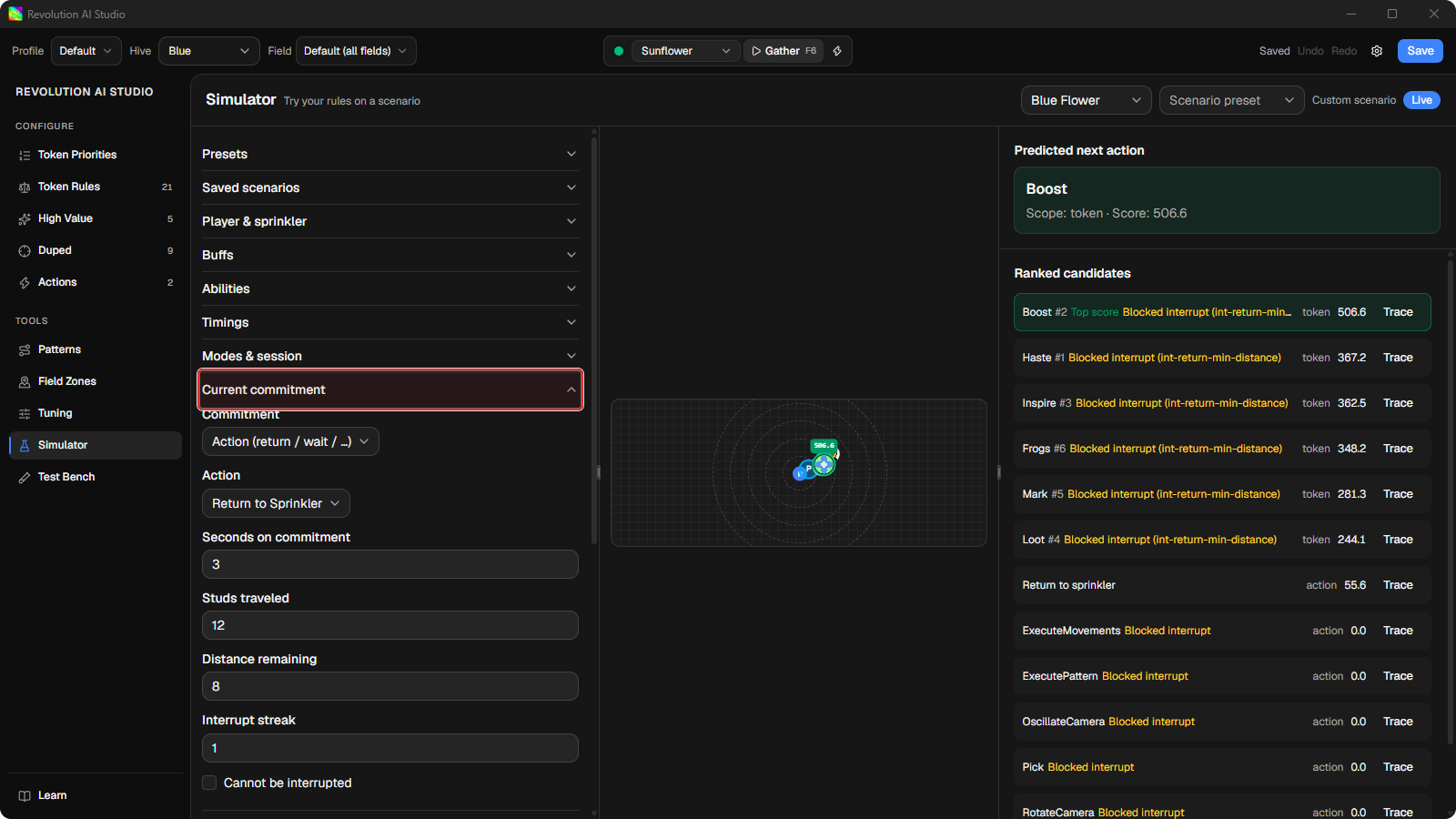 Simulator Current commitment controls for a return action