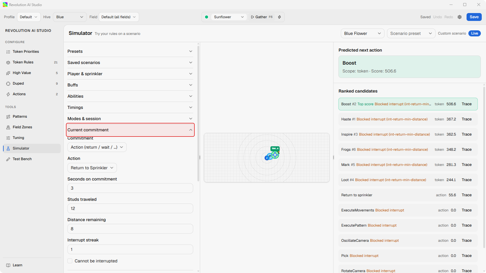 Simulator Current commitment controls for a return action
