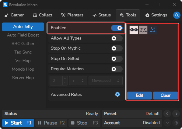 Auto-Jelly settings with Enabled on and selected bees