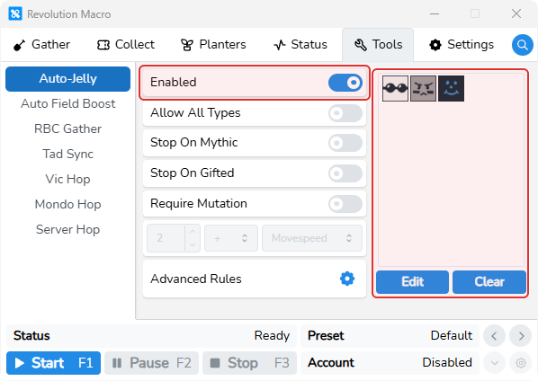 Auto-Jelly settings with Enabled on and selected bees