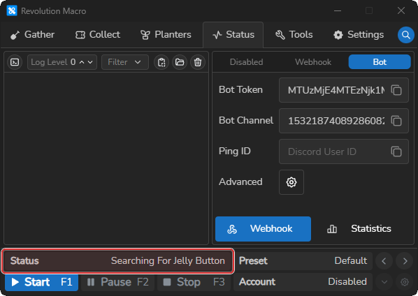 Status showing jelly button search progress