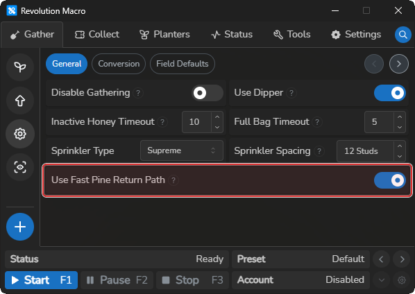 Gather General settings with Use Fast Pine Return Path visible