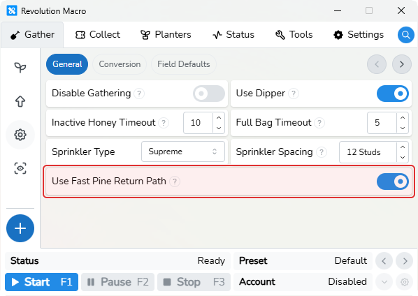Gather General settings with Use Fast Pine Return Path visible
