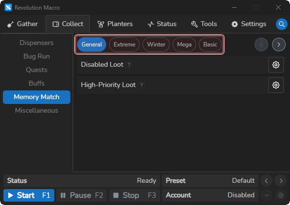 Collect Memory Match page showing General and type module tabs